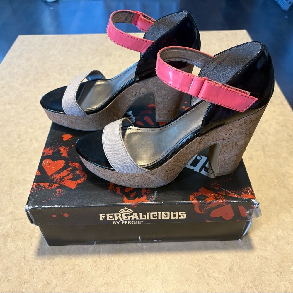 Fergalicious Black and Pink Platform Shoes with Modern Straps